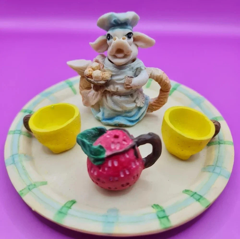 Miniature Tea Set Cow Vintage 4 pc decorative resin dollhouse children